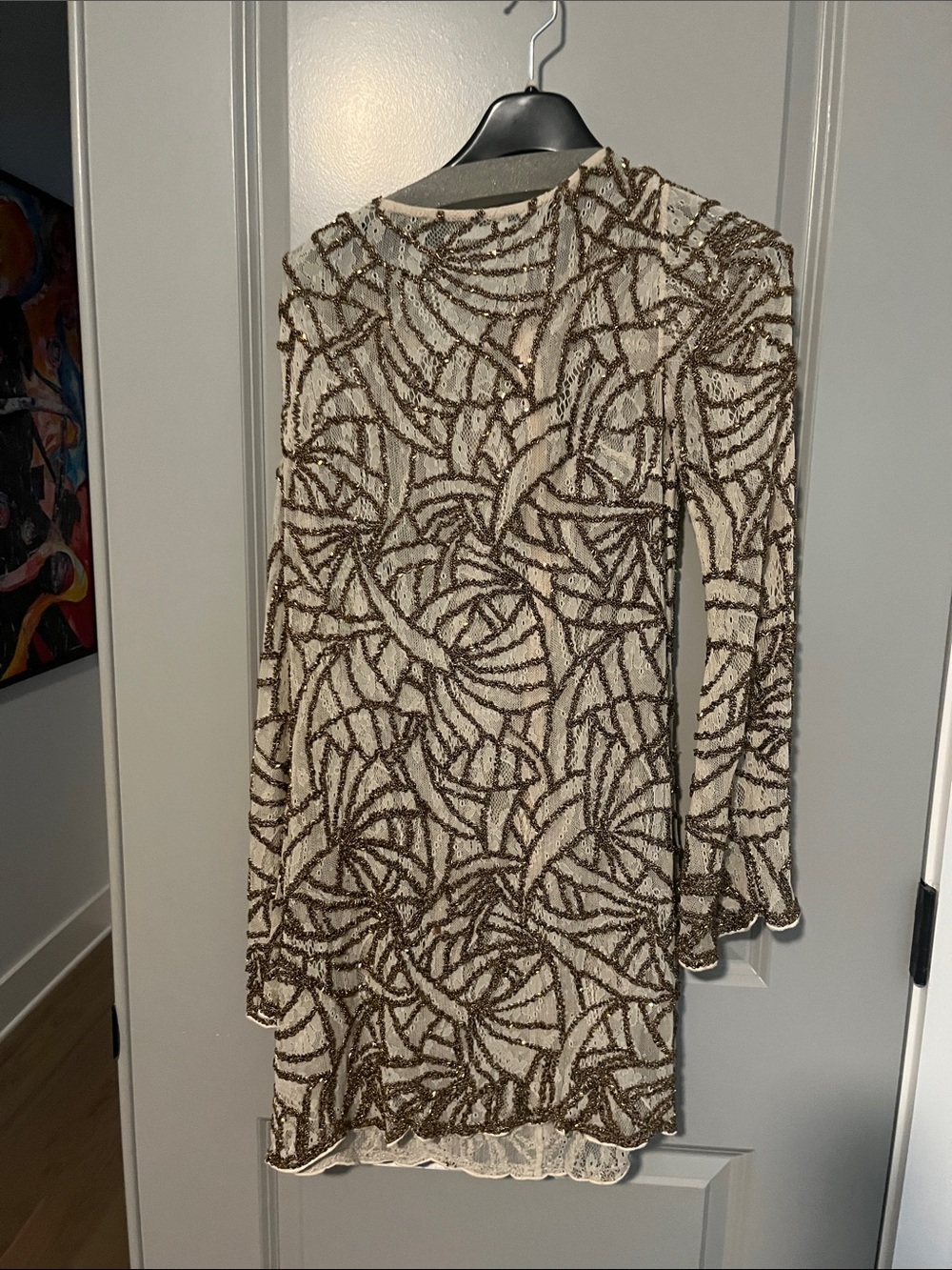 Haute Hippie Cream and Gold Beaded Long-Sleeve Mini Dress
